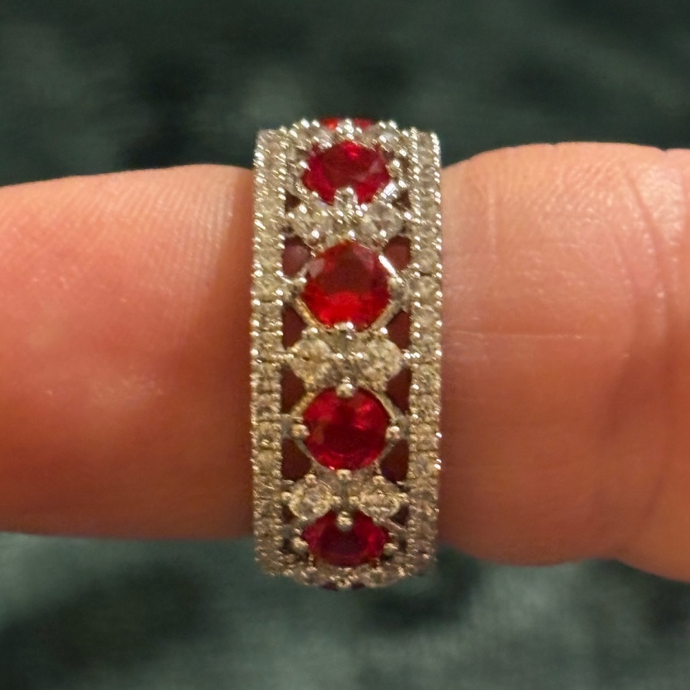 Elegant Silver and Red Gemstone Eternity Ring